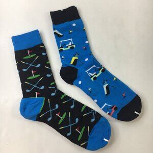 Mens Crew Socks Set 2 Golf Carts Clubs Balls Flags Holes Print Blue Black White
